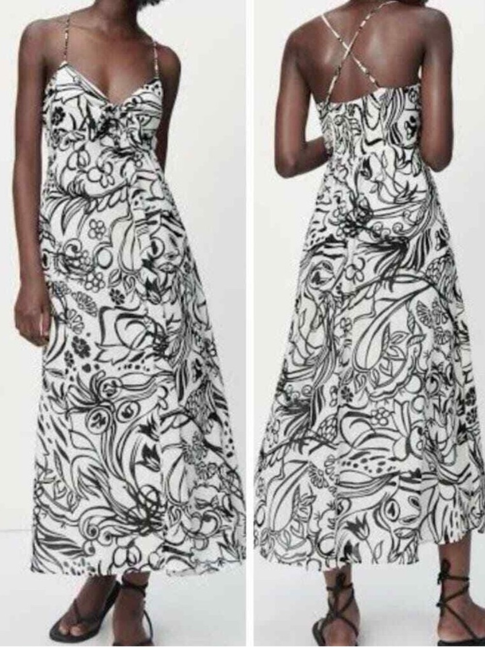 Zara Women’s Black White Printed Midi Dress Summer Spaghetti Strap